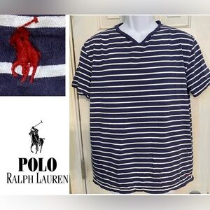 Polo Ralph Lauren Men’s Sz L Navy/White Pinstripe Cotton Jersey V-Neck Tee